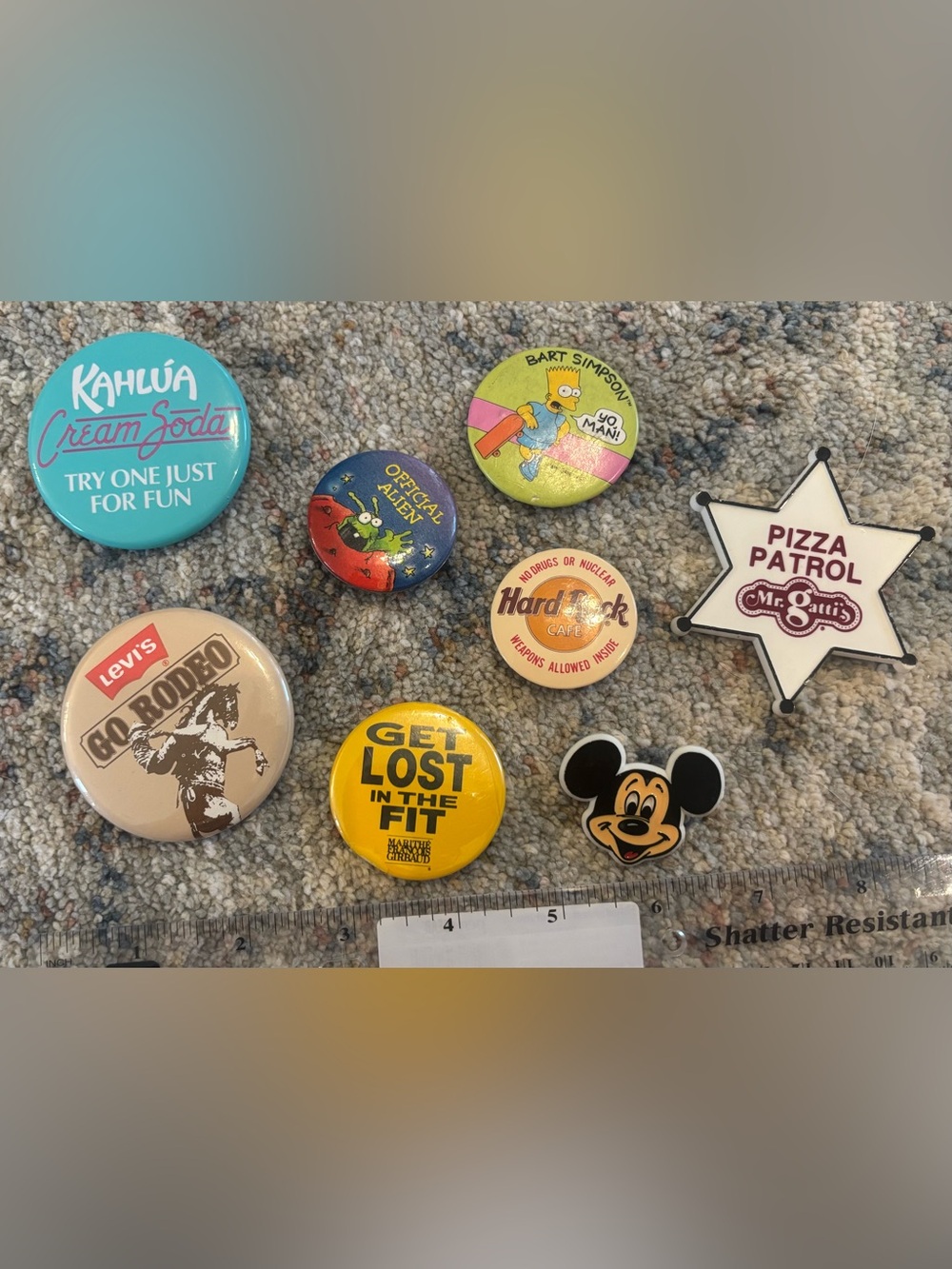 Assorted Vintage Pinback buttons Bart Simpson Hard Rock Girbaud Mickey Mouse
